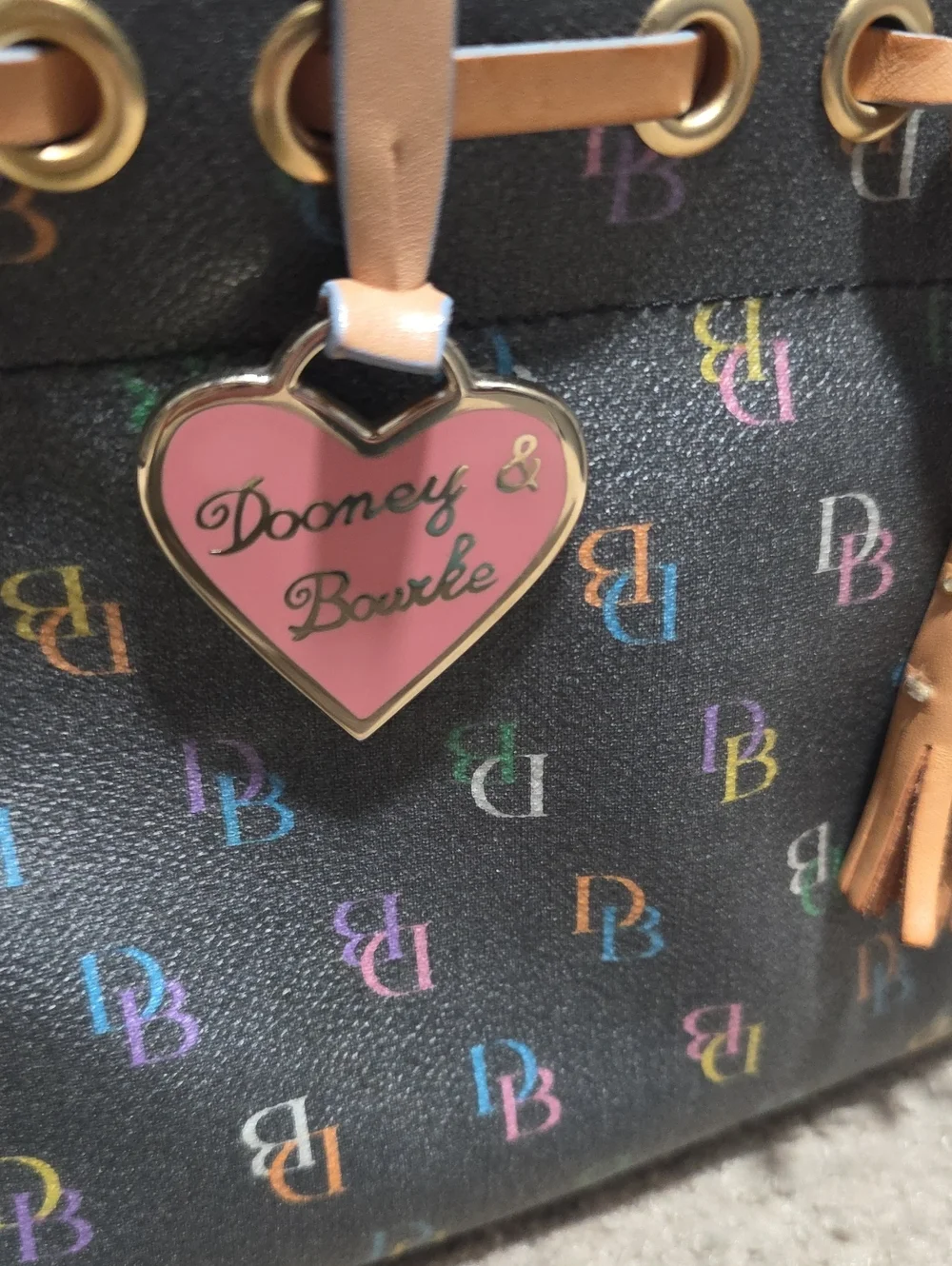 Dooney & Bourke Black Multicolor Logo Satchel with Tan Trim